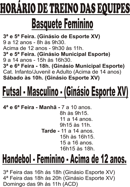 Hor�rios dos treinos
