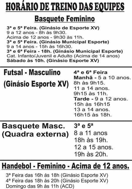 Hor�rios dos treinos